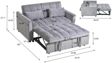 Convertible Sofa Bed, 3 in 1 Velvet Fabric Sleeper Sofa with Adjustable Backrest for Living Room and Bedroom, Pull Out C