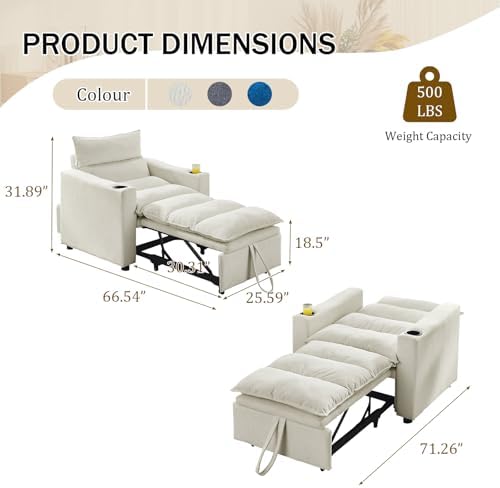 KINFFICT Convertible Futon Sofa Bed - Velvet Upholstered Sleeper Chair with Adjustable Backrest and Cup Holders - 3-in-1