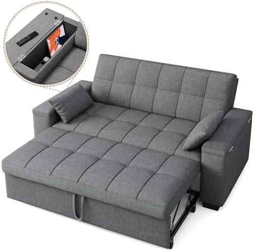 Gizoon Convertible Sofa Bed, 3-in-1 Queen Size Loveseat Sleeper Couch, Adjustable Backrest for Living Room, Storage Armr