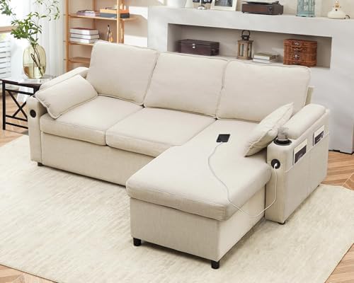 DURASPACE 2-in-1 Sectional Sofa Bed with Storage, USB & Cup Holder - Stylish Pull Out Sleeper Couch for Apartment Living