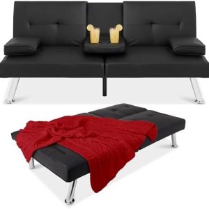 Best Choice Products Faux Leather Convertible Futon Sofa Bed - Adjustable Folding Design for Guests, Removable Armrests,