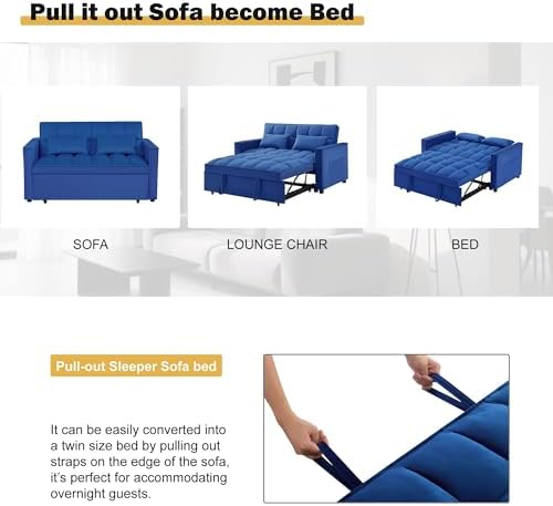 Convertible Sofa Bed, 3 in 1 Velvet Fabric Sleeper Sofa with Adjustable Backrest for Living Room and Bedroom, Pull Out C