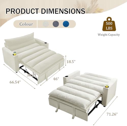 KINFFICT Convertible Futon Sofa Bed - Velvet Upholstered Sleeper Chair with Adjustable Backrest and Cup Holders - 3-in-1