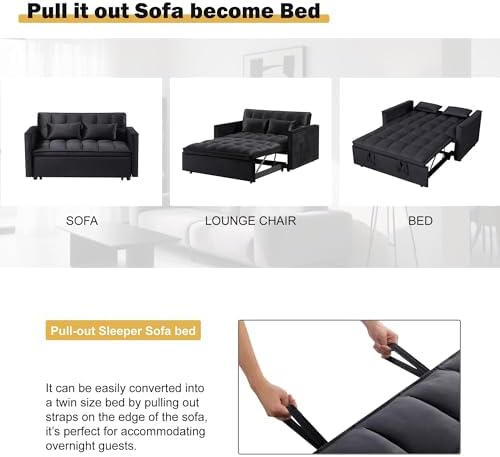 Convertible Sofa Bed, 3 in 1 Velvet Fabric Sleeper Sofa with Adjustable Backrest for Living Room and Bedroom, Pull Out C
