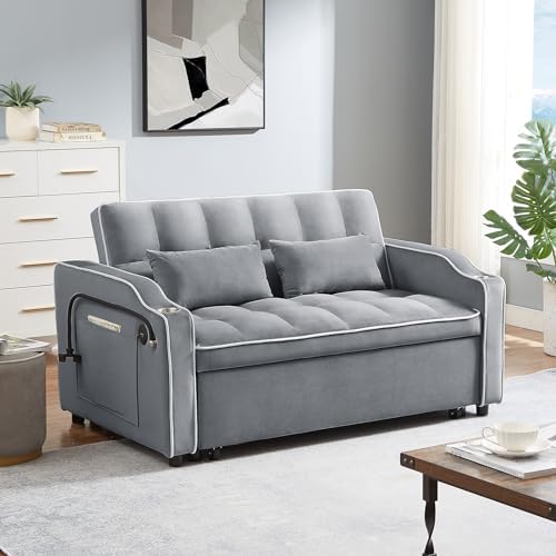 KINFFICT Convertible Velvet Loveseat Sofa Bed with USB Charging Ports, Pull Out Futon Couch for Small Spaces, Dark Grey