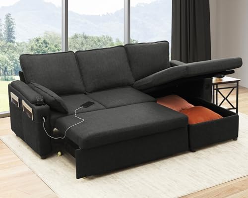 DURASPACE 2-in-1 Sectional Sofa Bed with Storage, USB & Cup Holder - Stylish Pull Out Sleeper Couch for Apartment Living