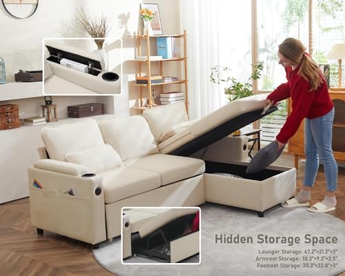 DURASPACE 2-in-1 Sectional Sofa Bed with Storage, USB & Cup Holder - Stylish Pull Out Sleeper Couch for Apartment Living