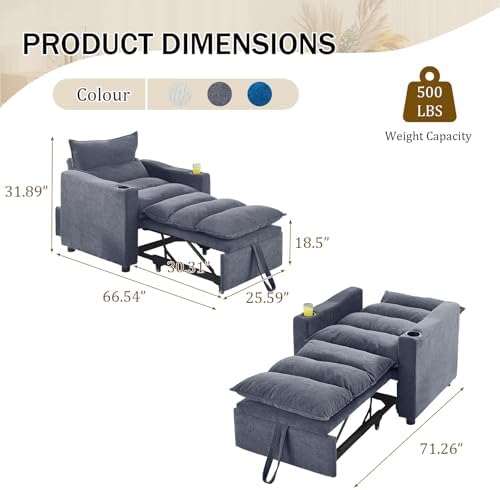 KINFFICT Convertible Futon Sofa Bed - Velvet Upholstered Sleeper Chair with Adjustable Backrest and Cup Holders - 3-in-1