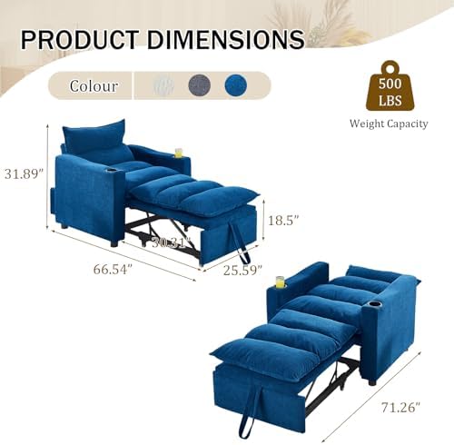 KINFFICT Convertible Futon Sofa Bed - Velvet Upholstered Sleeper Chair with Adjustable Backrest and Cup Holders - 3-in-1
