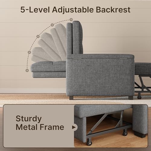 Gizoon Convertible Sofa Bed, 3-in-1 Queen Size Loveseat Sleeper Couch, Adjustable Backrest for Living Room, Storage Armr