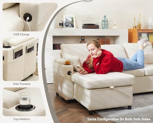 DURASPACE 2-in-1 Sectional Sofa Bed with Storage, USB & Cup Holder - Stylish Pull Out Sleeper Couch for Apartment Living
