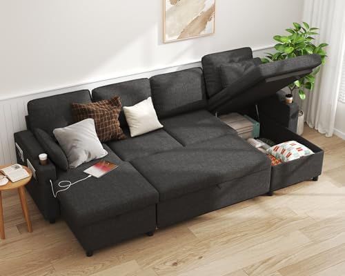 DURASPACE 2-in-1 Sectional Sofa Bed with Storage, USB & Cup Holder - Stylish Pull Out Sleeper Couch for Apartment Living