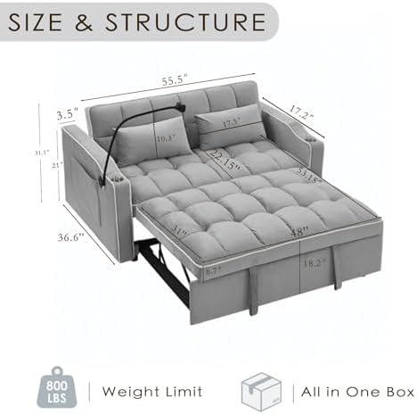 Dreamzie 3 in 1 Convertible Sleeper Sofa Bed - Adjustable Backrest Loveseat with USB Port & Swivel Phone Stand - Modern