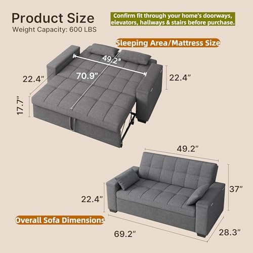 Gizoon Convertible Sofa Bed, 3-in-1 Queen Size Loveseat Sleeper Couch, Adjustable Backrest for Living Room, Storage Armr