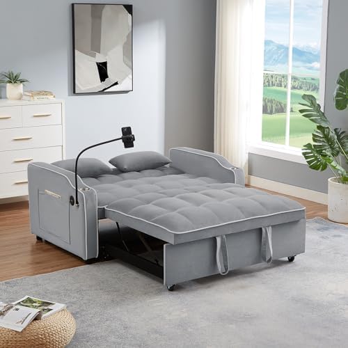 KINFFICT Convertible Velvet Loveseat Sofa Bed with USB Charging Ports, Pull Out Futon Couch for Small Spaces, Dark Grey
