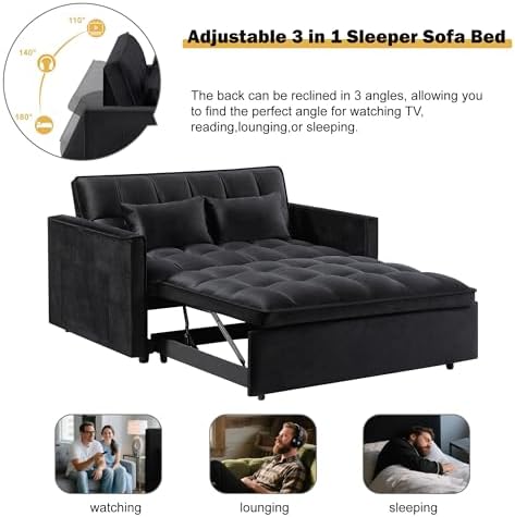 Convertible Sofa Bed, 3 in 1 Velvet Fabric Sleeper Sofa with Adjustable Backrest for Living Room and Bedroom, Pull Out C