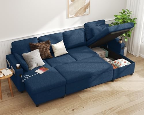 DURASPACE 2-in-1 Sectional Sofa Bed with Storage, USB & Cup Holder - Stylish Pull Out Sleeper Couch for Apartment Living