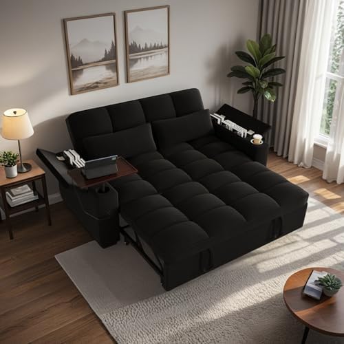 Convertible Sofa Bed, 3 in 1 Velvet Fabric Sleeper Sofa with Adjustable Backrest for Living Room and Bedroom, Pull Out C