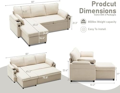 DURASPACE 2-in-1 Sectional Sofa Bed with Storage, USB & Cup Holder - Stylish Pull Out Sleeper Couch for Apartment Living