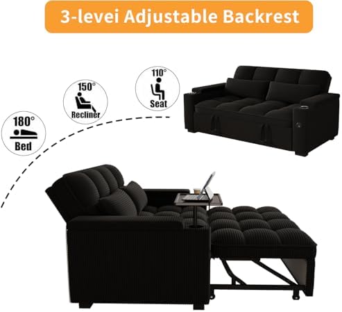 Convertible Sofa Bed, 3 in 1 Velvet Fabric Sleeper Sofa with Adjustable Backrest for Living Room and Bedroom, Pull Out C