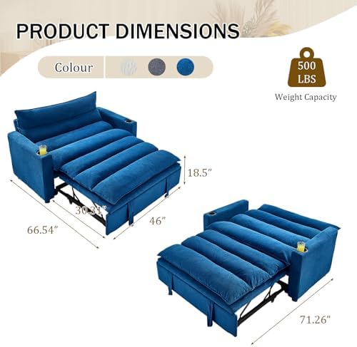 KINFFICT Convertible Futon Sofa Bed - Velvet Upholstered Sleeper Chair with Adjustable Backrest and Cup Holders - 3-in-1