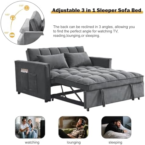 Convertible Sofa Bed, 3 in 1 Velvet Fabric Sleeper Sofa with Adjustable Backrest for Living Room and Bedroom, Pull Out C