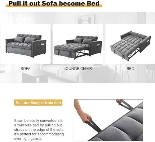 Convertible Sofa Bed, 3 in 1 Velvet Fabric Sleeper Sofa with Adjustable Backrest for Living Room and Bedroom, Pull Out C
