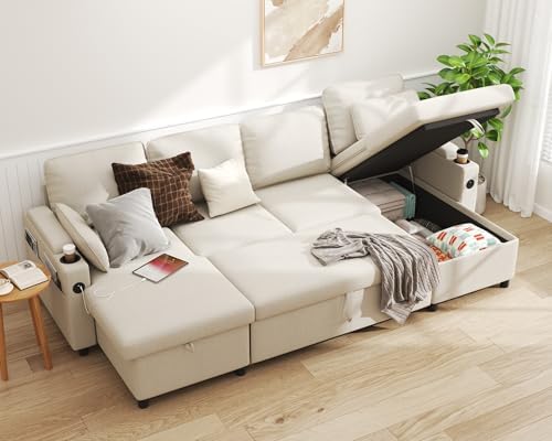 DURASPACE 2-in-1 Sectional Sofa Bed with Storage, USB & Cup Holder - Stylish Pull Out Sleeper Couch for Apartment Living