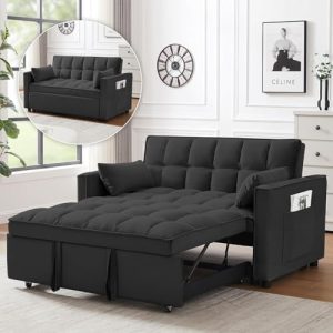 3 In 1 Velvet Convertible Sofa Bed, Full Size Loveseat Sleeper Sofa with Reclining Backrest & 2 Pillows, Space-Saving Co