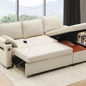 DURASPACE 2-in-1 Sectional Sofa Bed with Storage, USB & Cup Holder - Stylish Pull Out Sleeper Couch for Apartment Living