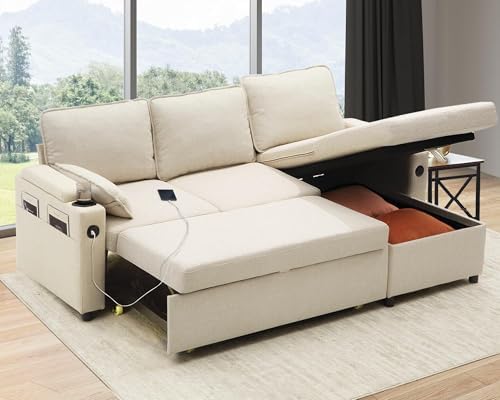 DURASPACE 2-in-1 Sectional Sofa Bed with Storage, USB & Cup Holder - Stylish Pull Out Sleeper Couch for Apartment Living