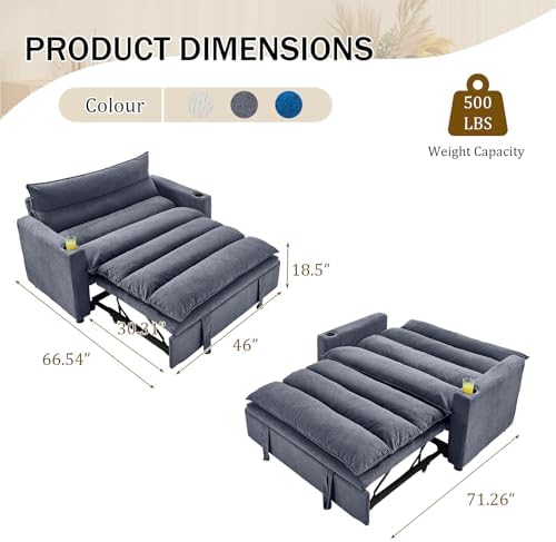 KINFFICT Convertible Futon Sofa Bed - Velvet Upholstered Sleeper Chair with Adjustable Backrest and Cup Holders - 3-in-1