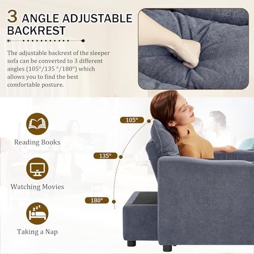 KINFFICT Convertible Futon Sofa Bed - Velvet Upholstered Sleeper Chair with Adjustable Backrest and Cup Holders - 3-in-1