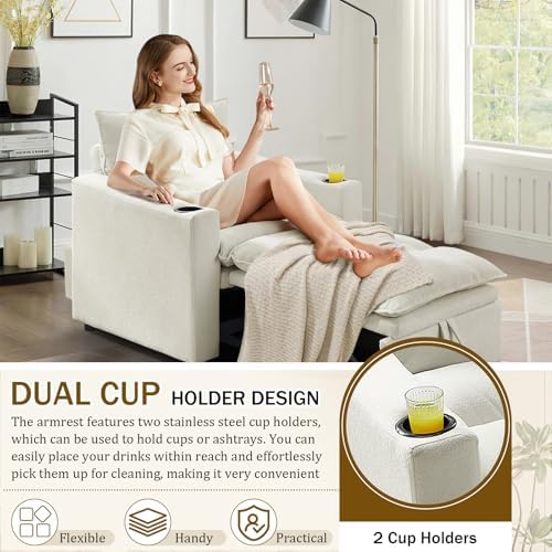 KINFFICT Convertible Futon Sofa Bed - Velvet Upholstered Sleeper Chair with Adjustable Backrest and Cup Holders - 3-in-1
