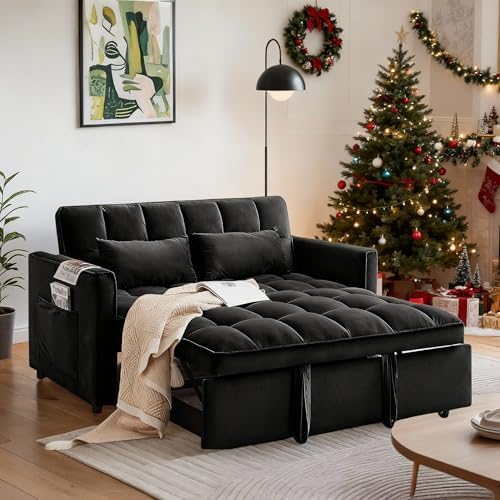 Convertible Sofa Bed, 3 in 1 Velvet Fabric Sleeper Sofa with Adjustable Backrest for Living Room and Bedroom, Pull Out C