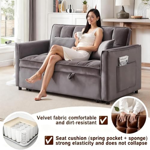 Convertible Sofa Bed, 3 in 1 Velvet Fabric Sleeper Sofa with Adjustable Backrest for Living Room and Bedroom, Pull Out C
