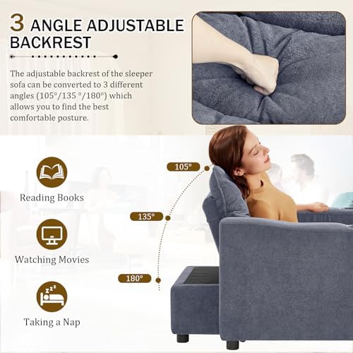 KINFFICT Convertible Futon Sofa Bed - Velvet Upholstered Sleeper Chair with Adjustable Backrest and Cup Holders - 3-in-1