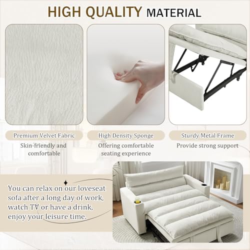 KINFFICT Convertible Futon Sofa Bed - Velvet Upholstered Sleeper Chair with Adjustable Backrest and Cup Holders - 3-in-1