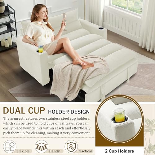 KINFFICT Convertible Futon Sofa Bed - Velvet Upholstered Sleeper Chair with Adjustable Backrest and Cup Holders - 3-in-1