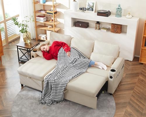 DURASPACE 2-in-1 Sectional Sofa Bed with Storage, USB & Cup Holder - Stylish Pull Out Sleeper Couch for Apartment Living