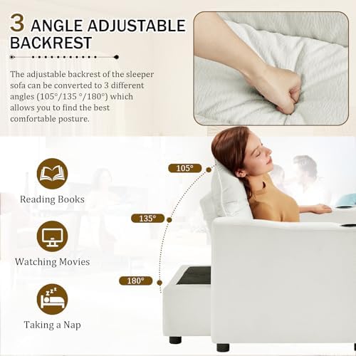 KINFFICT Convertible Futon Sofa Bed - Velvet Upholstered Sleeper Chair with Adjustable Backrest and Cup Holders - 3-in-1