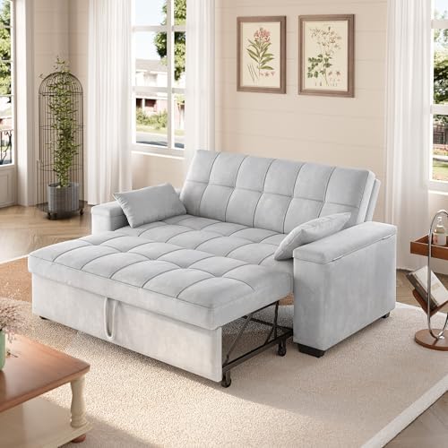 Gizoon Convertible Sofa Bed, 3-in-1 Queen Size Loveseat Sleeper Couch, Adjustable Backrest for Living Room, Storage Armr