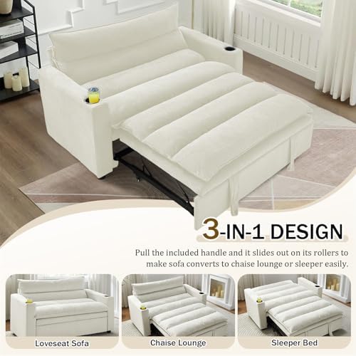 KINFFICT Convertible Futon Sofa Bed - Velvet Upholstered Sleeper Chair with Adjustable Backrest and Cup Holders - 3-in-1