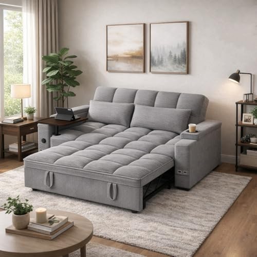 Convertible Sofa Bed, 3 in 1 Velvet Fabric Sleeper Sofa with Adjustable Backrest for Living Room and Bedroom, Pull Out C