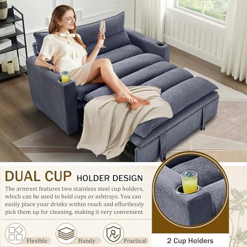 KINFFICT Convertible Futon Sofa Bed - Velvet Upholstered Sleeper Chair with Adjustable Backrest and Cup Holders - 3-in-1
