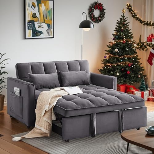 Convertible Sofa Bed, 3 in 1 Velvet Fabric Sleeper Sofa with Adjustable Backrest for Living Room and Bedroom, Pull Out C