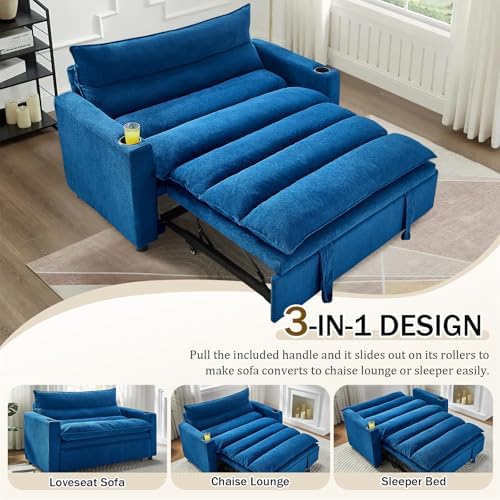 KINFFICT Convertible Futon Sofa Bed - Velvet Upholstered Sleeper Chair with Adjustable Backrest and Cup Holders - 3-in-1