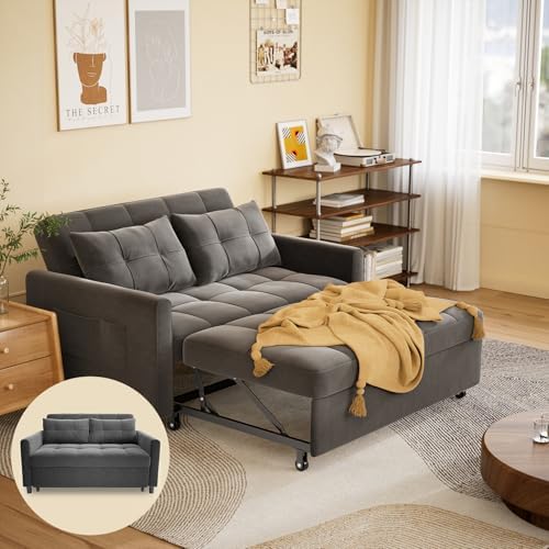 Gizoon Convertible Sofa Bed, 3-in-1 Queen Size Loveseat Sleeper Couch, Adjustable Backrest for Living Room, Storage Armr