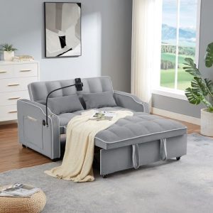 KINFFICT Convertible Velvet Loveseat Sofa Bed with USB Charging Ports, Pull Out Futon Couch for Small Spaces, Dark Grey