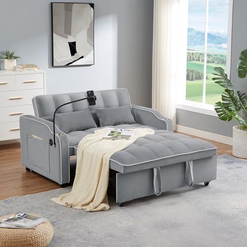 KINFFICT Convertible Velvet Loveseat Sofa Bed with USB Charging Ports, Pull Out Futon Couch for Small Spaces, Dark Grey